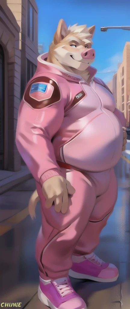 Solo, male, standing, street,Pig ,pink military spacesuit, overweight, big muscular, smirking, by chunie