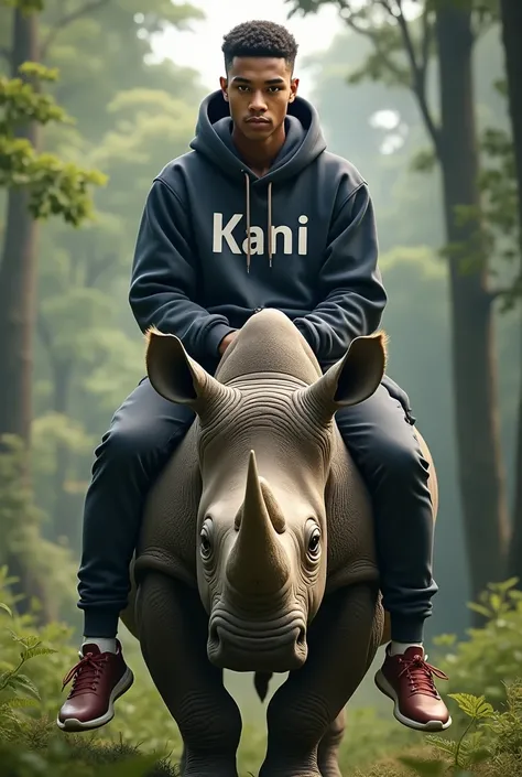  Make a handsome young man with white skin, who sits on the shoulders of a rhinoceros, pakai baju sweater Hoodie tertulis nama kani 