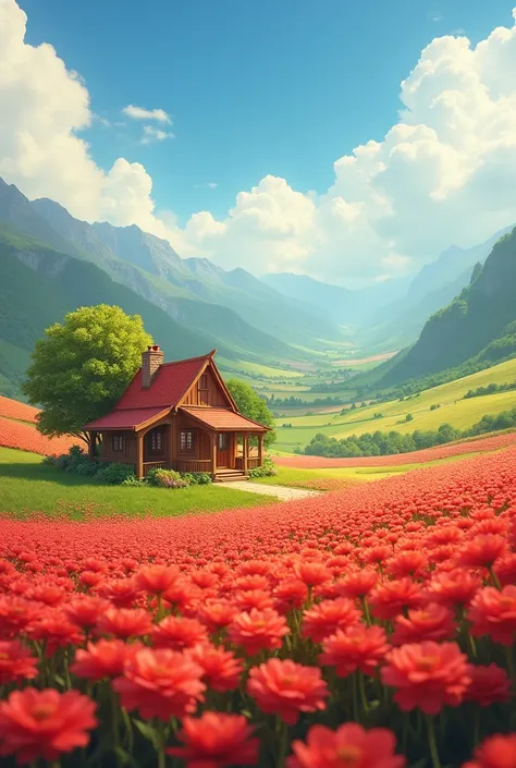 Create a little house with lots of mattes full of thin red flowers, beautiful and beautiful, a valley of flowers, very beautiful Disney of prosperity