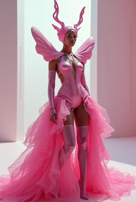  Make Beyoncé dressed in a pink insect-inspired dress with antennae on her head
A dramatic dress in a vibrant shade of pink,  inspired by organic and futuristic shapes .  The upper part maintains the structured format ,  but has more accentuated details , ...