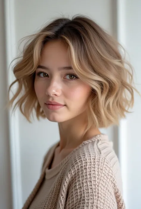  trendy fluffy perm short 。 gives volume to the top 、 style with soft waves added to the sides and neckline 。 randomly curls so that they come out all over、ナチュラルinカジュアルな印象に。 the hair color is warm beige 「in、 adds warmth perfect for the winter season 。The b...