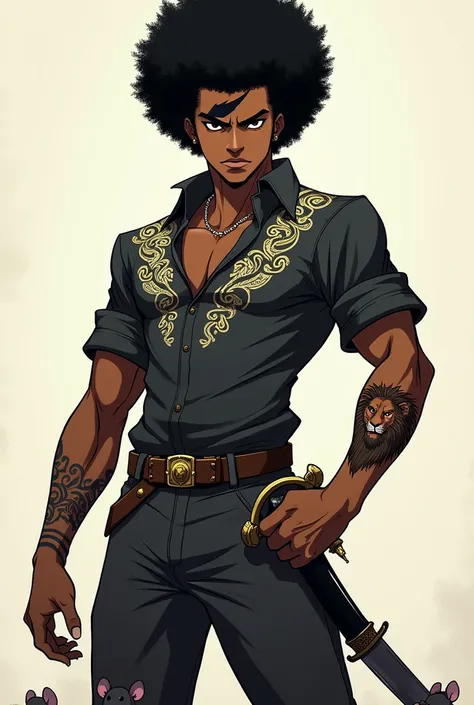  Create anime image of a young black man ,  with black afro hair . Small rats ,  dark gray shirt with fine embroidery of gold and white threads.  tight pants.  Put a dagger with silver handlebars .  Make a burn scar on his forehead .  Put a lion tattoo on ...