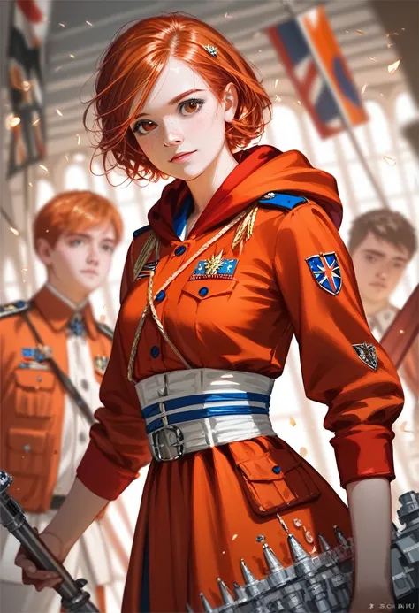 (realistic oil art, Waist up image, 20-year-old princess, British, black eyes, Vibrant appearance,  redhead,  short hair on the side of the uniform),  Egeo Audi Torre Tunic, Hooded, black, brown, Red details, Decorations, Freckles 10% Cheekbone,  perfect f...