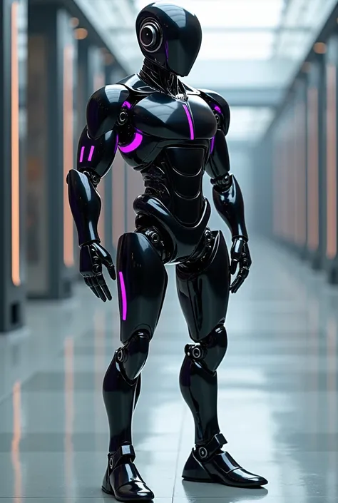 A robot boy with big thighs ,  his colors are black and purple 