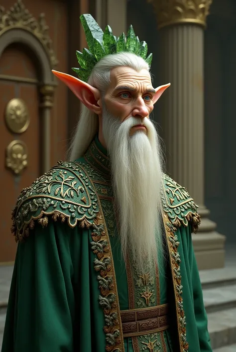 A tall, slender elf ,  that appears to be old but has no age marks on his skin ,  with a thin face wearing royal attire with green ,  with details that resemble leaves ,  branches and other plants .  He has long, almost white blond hair ,  blue and haughty...