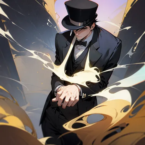 male, fist up, top hat covering eyes, smoking, wearing tuxedo, crowd behind, upper view, epic scenemy