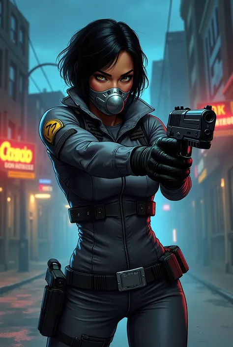 Create a beautiful and mysterious female vigilante. Shes Navajo and has short black hair, tan-bronze skin, and amber eyes. I want her to be dressed in a gray tactical suit with black armored adjacent, a metallic muzzle covering her mouth, gloves, gun holst...