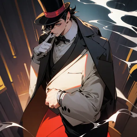 male, fist up, top hat covering eyes, smoking, wearing tuxedo, crowd behind, upper view, epic scenemy