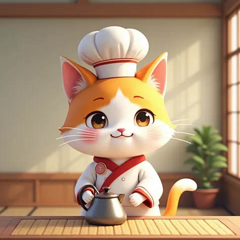 
White orange cat, solo, Chef, Japanese illustration style,. Mokapot  in table. 3d , 4k. Real