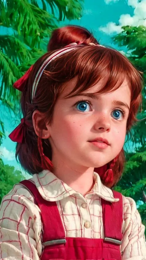 " A young girl with red hair , short and slightly wavy ,  adorned with two pigtails tied with simple elastic bands .  She has big blue eyes full of innocence and curiosity ,  slightly reddened cheeks and freckles scattered on her face that give her a sweet...