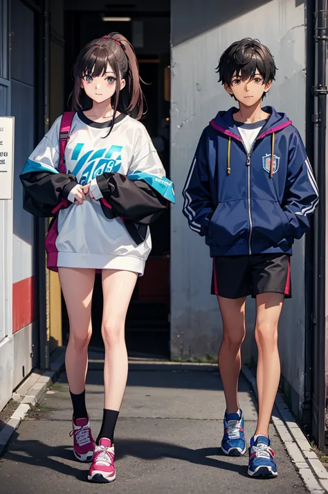 a 17-year-old mexican boy in sportswear from 1. 85 and a 17-year-old japanese girl in sportswear of 1.70