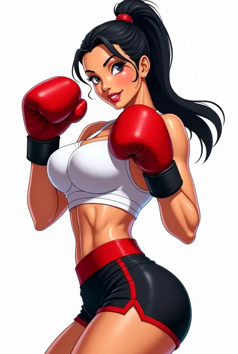 Gorgeous and Big Chest Latina female with Black Ponytail wearing White sports bra, Red Boxing Gloves and Black boxing trunks trims with Red , white background, Boxing posed, 80s anime 