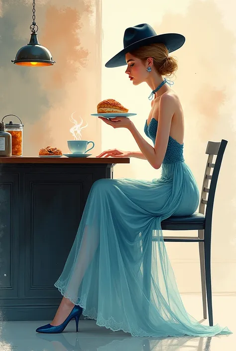 whimisical ethereal tall lady sitting at a bar, having her coffee and danish bun. she is wearing a pale blue peach water colour and ink lacy long dress, black hat blue high heels bg ink spots impasto