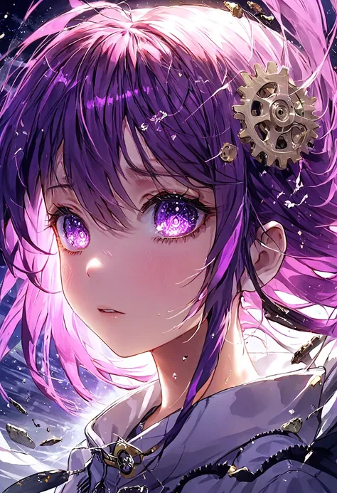 Pixiv, Self-destructive Art, Nightcore,A dynamic anime-style illustration of a female character with flowing purple hair, dramatically lit. She has hollow black eyes and a look of determination and weakness. Her body appears to be cracked with cracks and f...