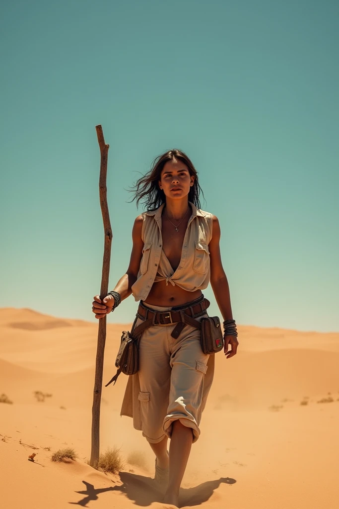 Woman walking out of the desert with a rod 