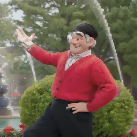 arafed man in a red sweater and black pants standing in front of a fountain, volendam traditional clothing, volendam old dutch, Pixar style, Disney style