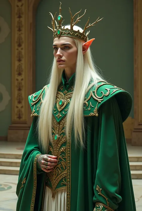 A tall and slender elven man , who appears to be an adult ,  with a thin face that has a crescent tattoo on the side of his face,  wears green-and-white royal attire,  with details that resemble leaves ,  branches and other plants .  He has long, almost wh...