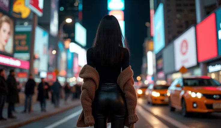 Beautiful white girl tied up black hair wearing black long sleeved shirt, closed neck, sexy black leggings, wearing brown wool sweater, wearing high heels, standing post pose, rear view as New York City, night, bright lights, flash light, car, people looki...