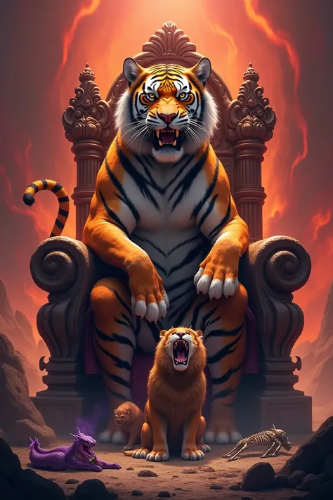 Create a tiger sitting on a throne with skeletons while a lion and purple dragon begging him and crying in hell 