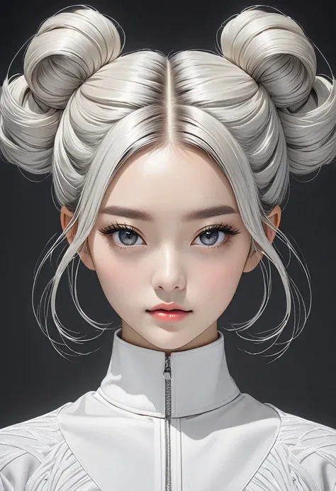 The image depicts a person with light silver or platinum blonde hair styled into two symmetrical buns on either side of the head. The person is wearing a high-neck white garment. The background is a plain dark gray, putting emphasis on the subjects hair an...