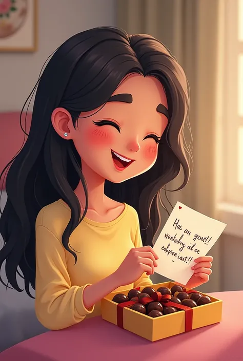 María receives an unexpected gift from her best friend :  a box of chocolates with a note that says how much she appreciates it.  cartoon 