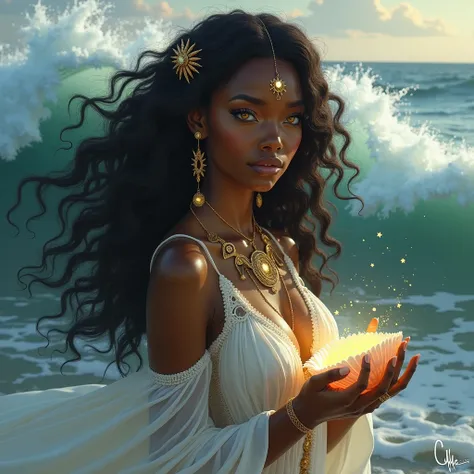 Very beautiful black Goddess Woman ,  with completely yellow eyes that emanate a light ,  with eyes closed,  between the strong waves of the sea ,  holding a shell that exudes brightness ,  dressed in a divine white dress and gold adornments,  realistic