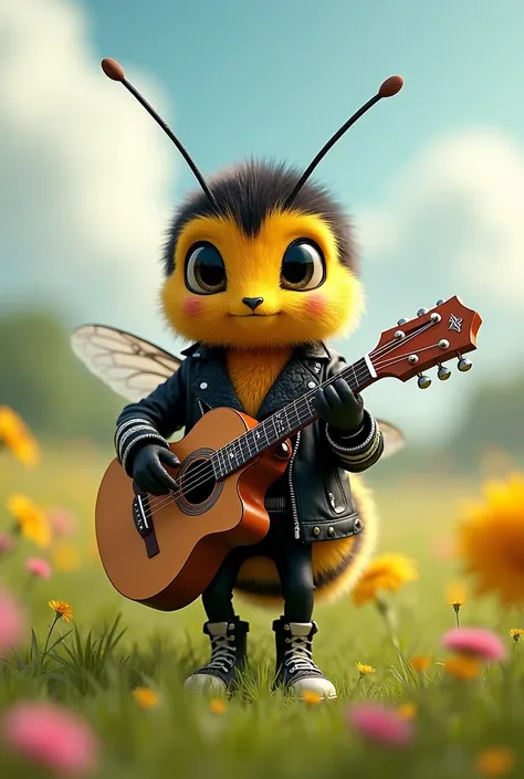 The cutest little bee in the world plays professional classical guitar、(( Rocker outfit  :1.3))、 in the middle of a beautiful field