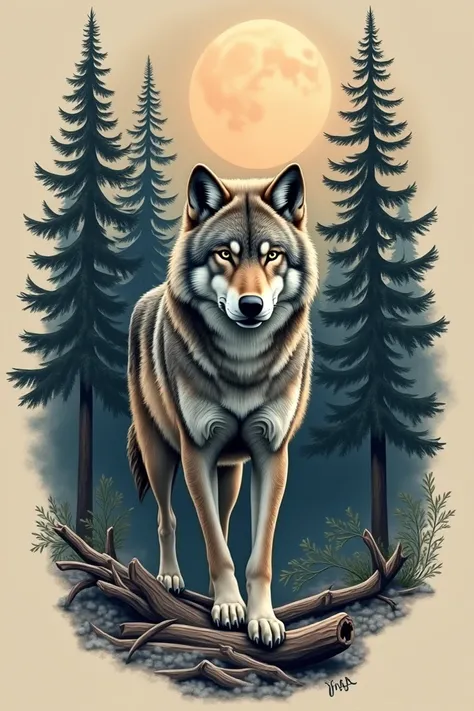 Tattoo of a pine forest , with a wolf 