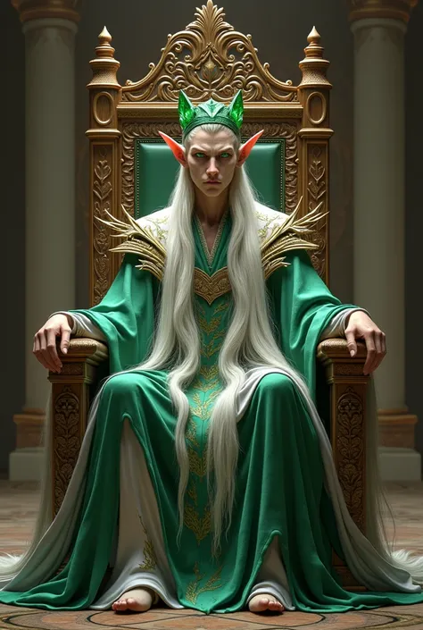 A tall and slender elven man , who appears to be an adult ,  with a thin face that has a wax-shaped tattoo on the side of her face, She wears green and white royal attire ,  with details that resemble leaves ,  branches and other plants .  He has long, alm...