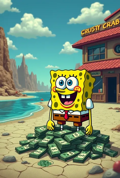 O Sr. SpongeBob cartoon siriguejo at your restaurant, Siri Cascudo ,  surrounded by piles of money while the water continues to disappear around him.  He has a greedy smile on his face ,  ignoring the chaos outside ,  as the restaurant begins to dry ."