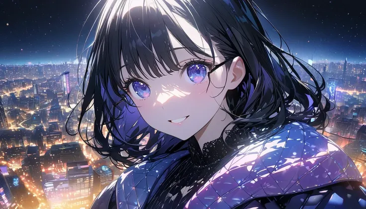 one girl,black hair and bob hair、beautiful blue eyes、smile、gentle smile on her face、flat chest, one Beautiful girl,((masterpiece, illustration, best quality) ((ultra-detailed)), a girl wearing sunglasses (sunglasses), Behind is the cityscape in the evening...