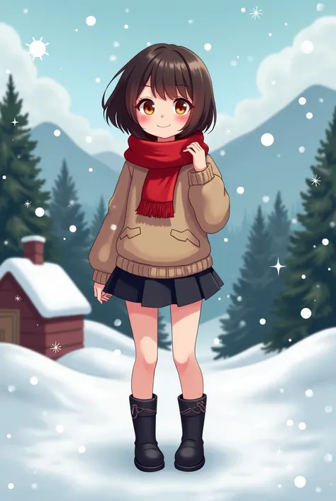 A happy girl,  with short hair and dark orange,  brown eyes, wearing black boots , medias negras,  skirt and a sweater ,  a red scarf around her neck , Winter background,  snow and mountains , Christmas season  