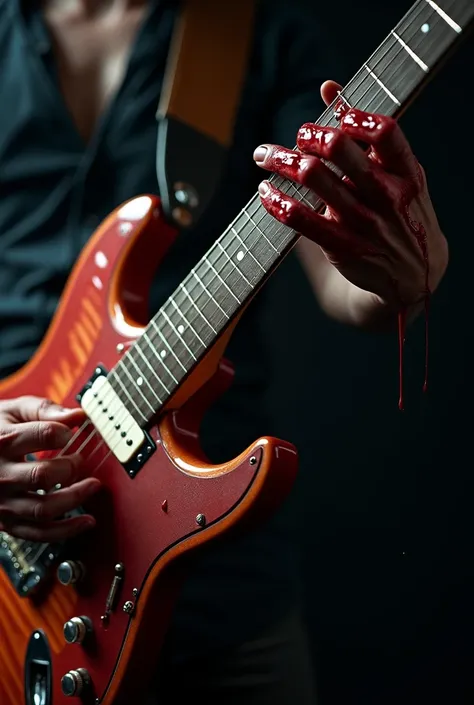 Bleeding hand from the fingers playing an electric guitar solo