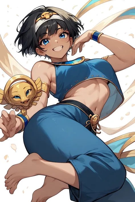 1woman, blue eyes, short black pixie style hair,pixie hair white headband,Black hair,Anime style,blue big pants,Smiling,blue top happy, sexy ,Curvy body,Egyptian style, golden details, barefoot,Egyptian style, 
