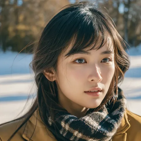 A hyper-realistic image of a single Japanese woman in her early 20s, captured with the nostalgic warmth and graininess of a film camera. She is dressed in layered winter clothing, including a cozy coat, a textured scarf, and visible knit details, with no s...