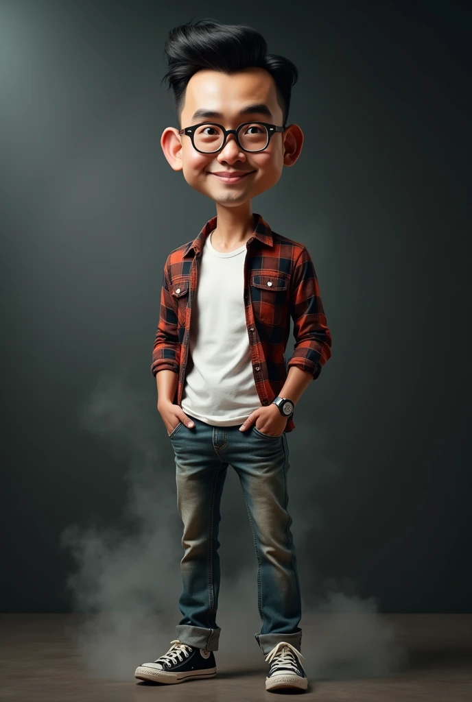 Caricature  photo 4D realistic real, big head, an adult male with an Indonesian face, wear glasses, neat short undercut black hair, wearing a white t-shirt, flannel shirt, faded jeans, Converse shoes, naughty Standing pose , with a dark, smoky background w...