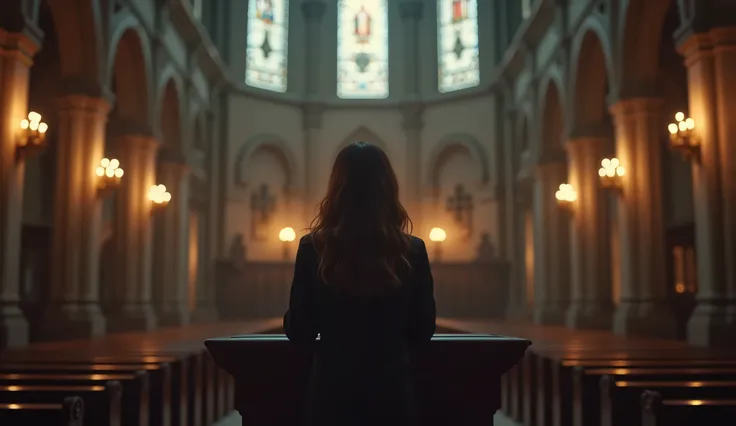 Framing: Position the woman standing at the pulpit, her hands resting on the edge as she looks out into the congregation, though it’s empty. She seems lost in her own thoughts, perhaps preparing for a sermon or silently reflecting.
Lighting: Soft candlelig...