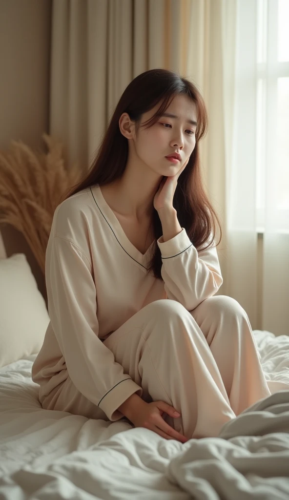 A young, beautiful Korean woman waking up in a cozy, softly lit bedroom. She is sitting on the edge of the bed, wearing comfortable sleepwear, gently touching the side of her neck with a pained expression. Her face shows a mix of discomfort and tiredness, ...