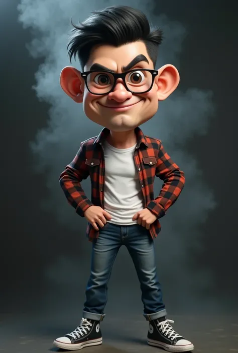 Caricature  photo 4D realistic real, big head, handsome man with an Indonesian face, wear glasses, neat short undercut black hair, wearing a white t-shirt, flannel shirt, faded jeans, Converse shoes, naughty Standing pose , with a dark, smoky background wi...