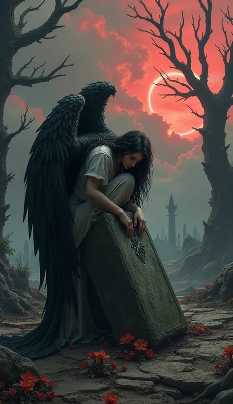 a fallen angel laying on a grave in a dark with devil hell fantasy