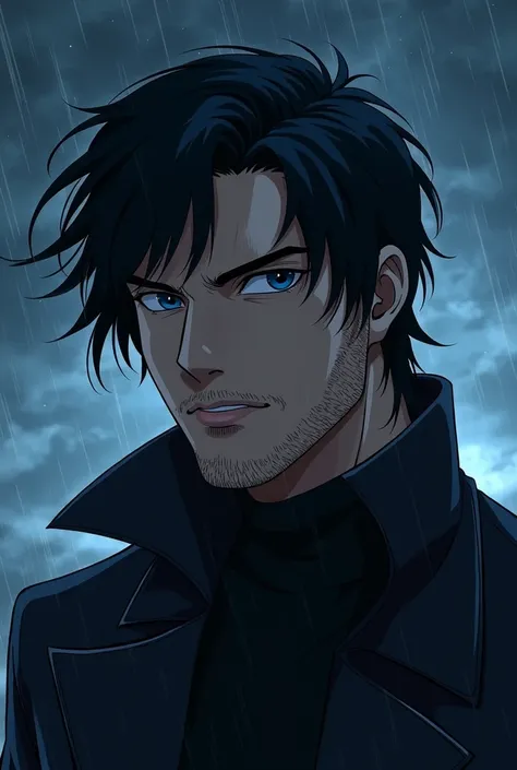 man,Black hair, blue eyes , medium-long beard ,Very handsome , left cheek scarred , emotionless glint ,rain,Cool black outfit , starry sky,Look straight ahead,Anime