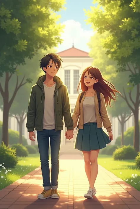 Couple school holding hand, semi-realistic, beautiful quality, aesthetic, masterpiece 