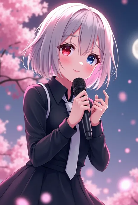  1 woman, 白い髪 bob hairー、Details、Beautiful eyes、 odd-eye、Right eye blue、Left eye red、Transparency、pastel pink aurora hair、long sleeve black shirt 、 white tie、 anime style、 has microphone 、  Glitter Effects , sitting on stage looking at the audience and smil...