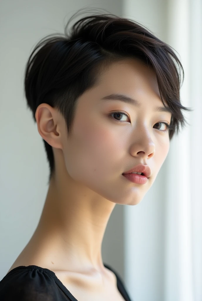 , and 。Cut the entire length short 、 The top is slightly longer and is designed to stand lightly 。 sides are trimmed so that the ears can fully extend 、 neckline with sharp lines, 、 sharp lines and minimal design 、 This short hair that considers an urban a...