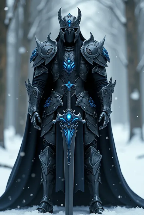 Create final fantasy style a man with long straight black hair wearing beautiful black metallic armor with blue ornaments holding a beautiful black metallic sword with blue ornaments wearing a large black helmet covering his entire face in a snowy forest