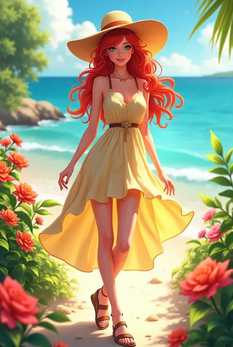 " Imagine a model with bright red hair ,  wearing a set of summer clothes .  She wears a light and colorful dress , ideal for a sunny day ,  complemented by comfortable sandals and a wide-brimmed hat.  Her style is fresh and cheerful ,  and she is posing i...