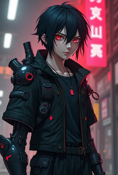  Normal anime boy wearing cyberpunk-style bounty hunter clothing , black hair, one eye is black and the other eye is bright red ,  and the right arm of a hybrid monster 