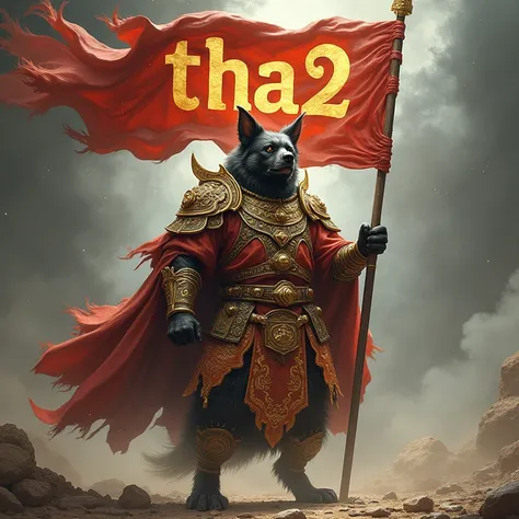 A dog wearing a war god costume, stands holding a battle flag that says the word Tha2 is on the flag.