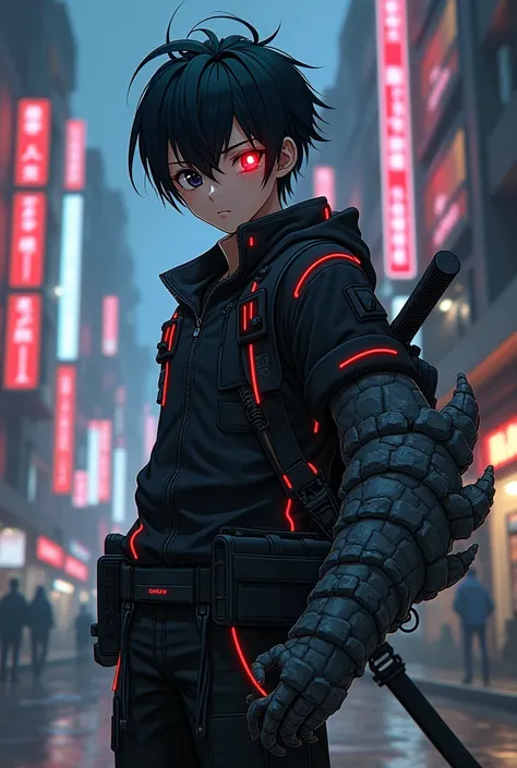 Normal anime boy wearing cyberpunk anime-style bounty hunter clothing , black hair, one eye is black and the other eye is bright red ,  and the right arm of a hybrid monster 