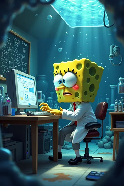 SpongeBobia in your underwater laboratory,  surrounded by tubes and scientific equipment.  Shes analyzing graphics on a ,  with a worried and determined expression . Water bubbles are around ,  and theres a blackboard filled with formulas 